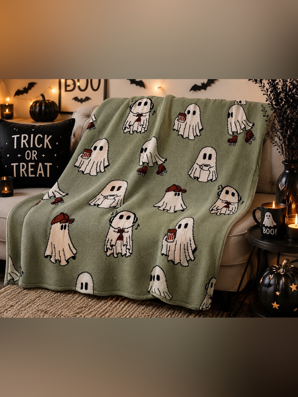 Goblin & Ghoul Ghost Roller Skate Music Eating Drinking Throw Blanket 50” x 70"